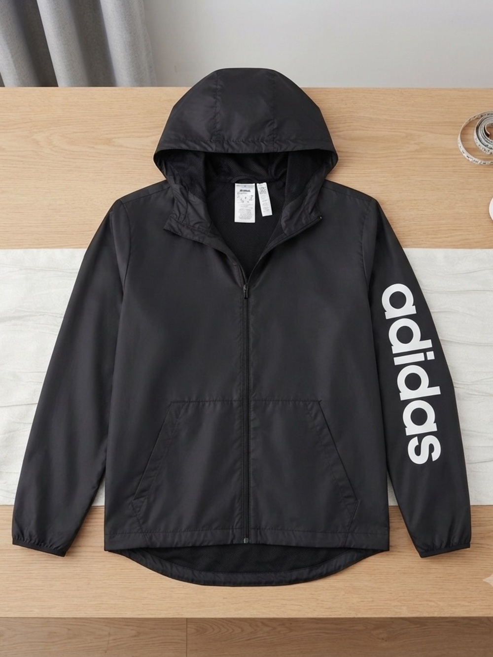 adidas Black Hooded Windbreaker with White Sleeve Logo